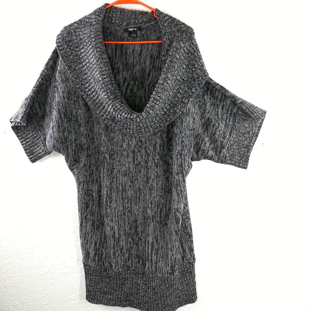 Style & Co Sweater Dress Charcoal Spacedye Short Sleeve Draped Neck Size L